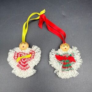 Pair of Vintage Handmade‎ Lace Angel Christmas Ornaments with Ribbon Wood Heads